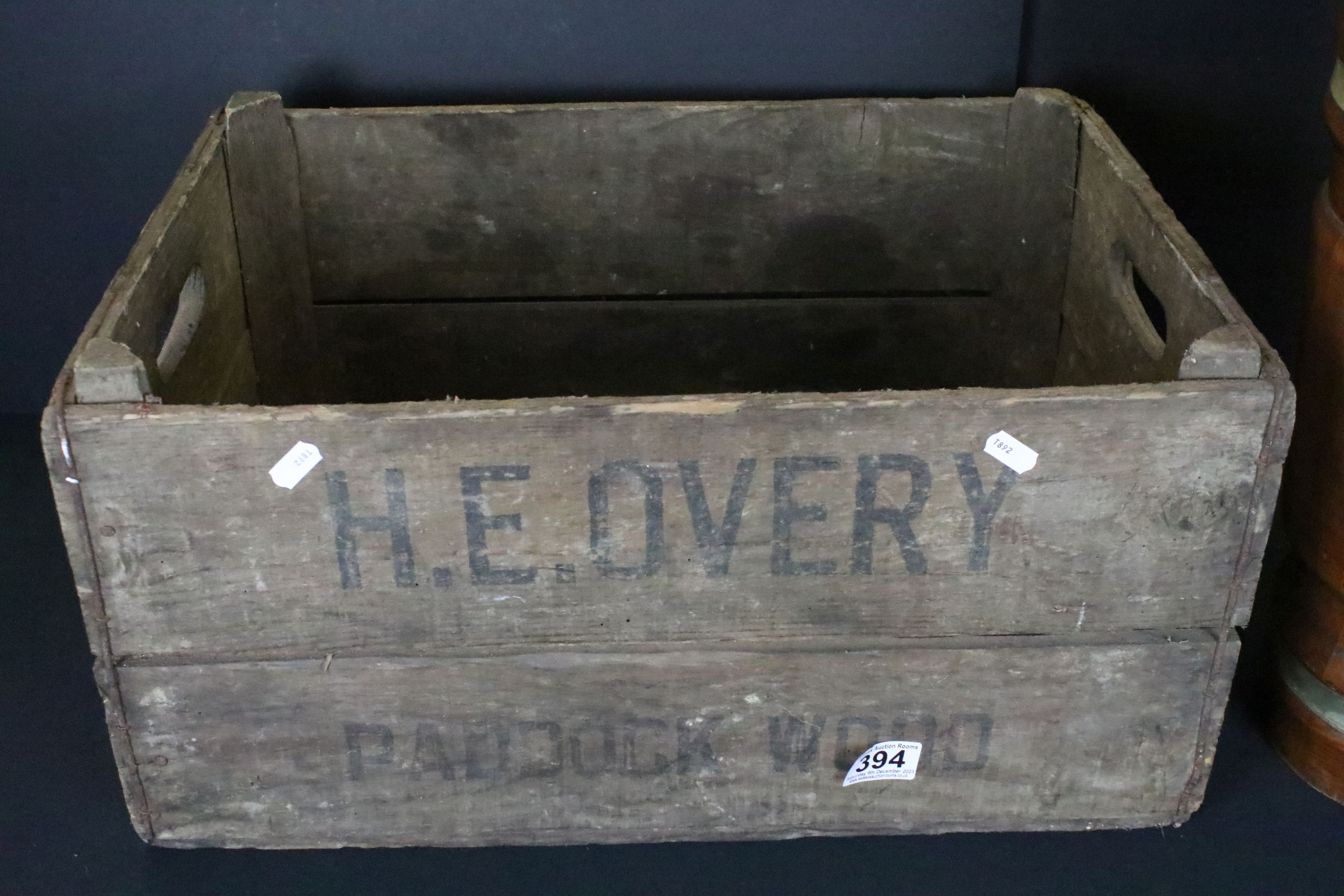 20th Century industrial advertising crate for H E Overy together with a brass bound wooden stick / - Image 2 of 4