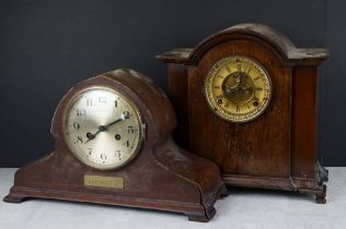 Ansonia Clock Co mahogany mantle clock, the brass dial with open visible escapement to centre,