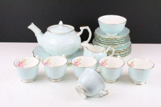 Aynsley floral tea set for six, in pale blue, pattern no. 2715, to include teapot & cover, 6 teacups