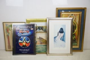 Collection of assorted paintings and prints to include a framed nude figure painting, Degas print,