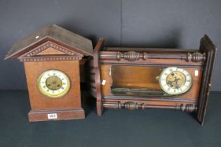Early 20th Century oak Westminster chime mantle clock together with a Veinna wall clock with art