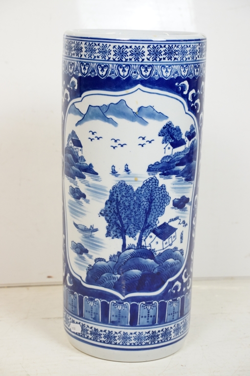 20th Century Chinese blue & white pottery stick stand, of cylindrical form, decorated with - Image 6 of 9