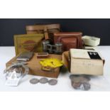 Collection of cameras binoculars and coins. Lot to include Ross London binoculars, opera glasses,