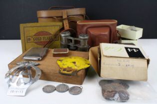 Collection of cameras binoculars and coins. Lot to include Ross London binoculars, opera glasses,