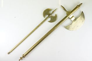 Two brass axes to include a double-bladed example with engraved floral decoration. Longest