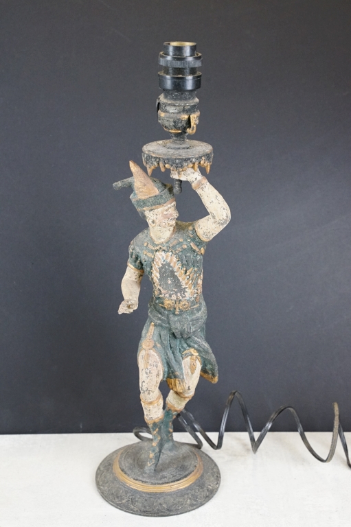 Pair of late 19th century Egyptian Revival cold painted spelter converted candlestick figural - Image 6 of 10