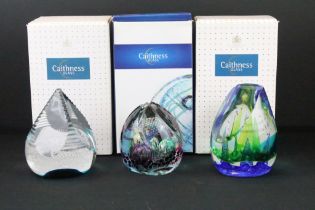 Three Caithness paperweights to include Pagoda Orchid (69/250), Aquanova by Sarah Peterson (1/1) and