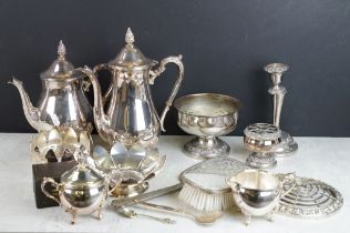 Mixed silver plate to include a Viners four-piece tea set, candlestick, rose bowl, etc, plus a cased