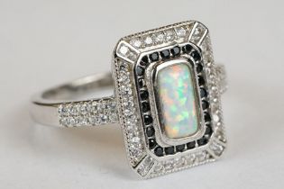 Silver CZ and Opal Panelled Art Deco style Dress Ring