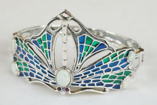 Large Silver Enamel and Opal Cuff Bangle