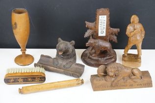 A small collection of treen to include a black forest inkwell, tunbridge ware brush...etc.