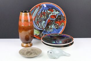 Collection of Poole pottery ceramics to include a charger plate with blue and red mottled