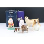 Six porcelain figures to include a Royal Crown Derby Penguin paperweight (with stopper, 13.5cm