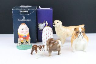 Six porcelain figures to include a Royal Crown Derby Penguin paperweight (with stopper, 13.5cm