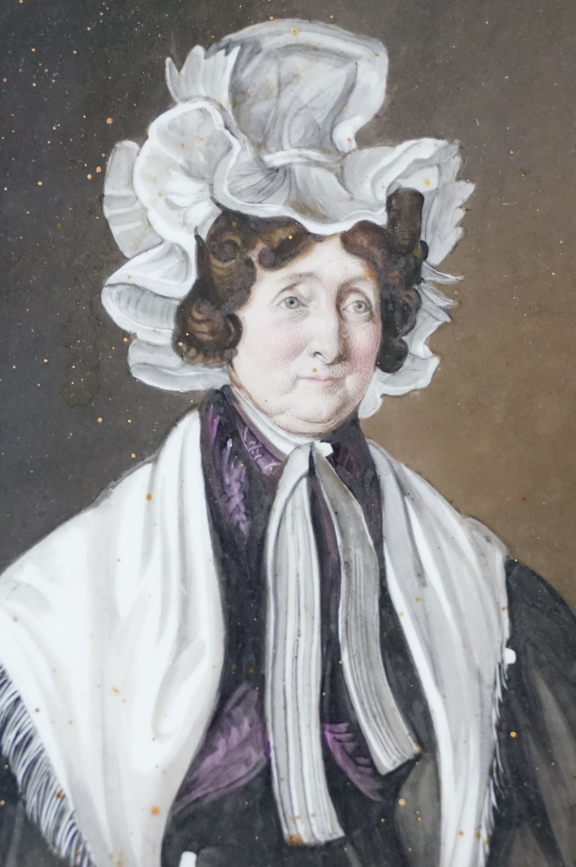 English School, half length portraits of a lady and gentleman, print on porcelain, overpainted in - Image 5 of 6