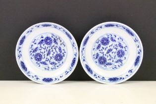 Two 19th Century Chinese blue and white round dishes painted with floral panels and foliate scrolls.