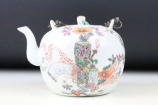 Chinese teapot having enamelled vase detailing to the sides with floral sprays, with twin metal