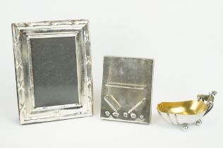 Carrs Silver Matchbox Holder, Silver Easel Back Photograph Frame and White Metal and Gilt Salts with