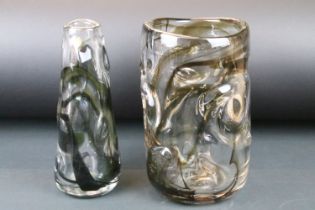 Two Whitefriars streaky knobbly vases, to include a green stem vase and a brown wide example.