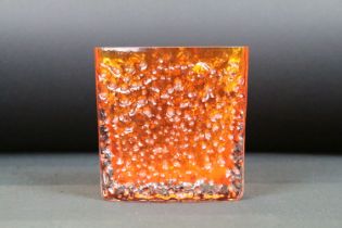 Whitefriars tangerine nail head glass vase of square form. Measures 11.5cm tall.