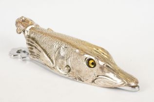 Silver plated document clip in the form of a pike, with scale details. Approx 13cm long