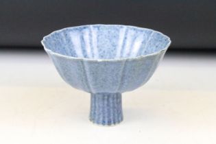 Chinese blue speckled glaze footed bowl having reeded sides with an elongated foot to base.