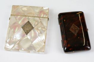 Two antique calling card cases to include a mother of pearl example together with a fitted faux