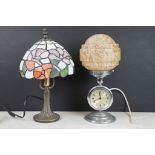 Art Deco chrome based desk lamp with clock to stand and mottled glass shade together with a leaded
