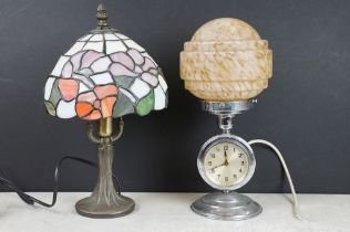 Art Deco chrome based desk lamp with clock to stand and mottled glass shade together with a leaded