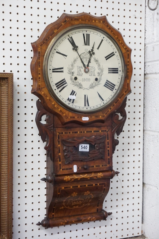 Edward VII Commemorative Drop Dial 8 day Wall Clock, the Walnut and Tunbridgeware style Inlaid