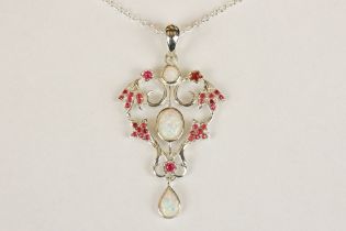 Silver Ruby and Opal Belle Epoque style Pendant Necklace