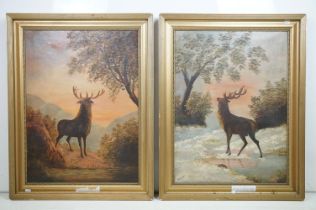 M Draper, stag at sunset against a landscape, a pair, oil on canvas, each signed lower left, 67 x