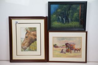 Three rural scene pictures, watercolour of a horse another of a gypsy gathering and a oil