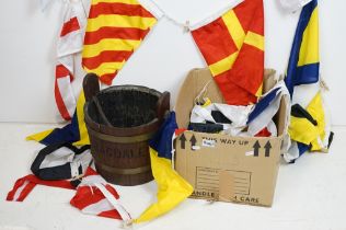 SS Bacdale engraved ships bucket with rope handle to the top together with a string nautical flags.