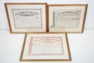 Three Framed Victorian Share Certificates to include Plants Day Dawn Gold Mines Limited, Menzies