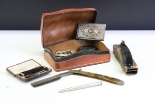 Antique leather box with contents including two cased cheroot holders, lorgnettes, Gramophone