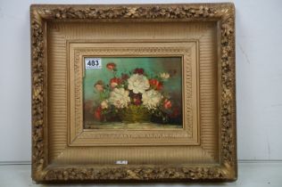 Still life study of roses, oil on board, 17 x 23cm, gilt framed