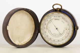 Early 20th century brass pocket barometer with silvered dial, within a fitted leather case. (
