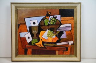 Still life of fruit, grapes and pottery on a table, oil on board, 49cm x 58cm, framed and glazed