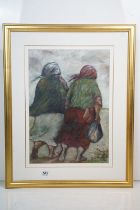 Amos Archibald Langdown (1930 - 2006), study of two ladies carrying bags, oil on board, signed lower