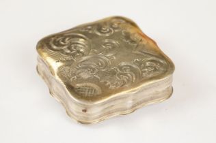 Silver snuff box, of square form, with shaped border and engraved scrolling decoration, approx 4.5cm