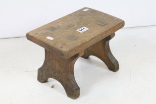 19th century Rustic Pine Stool, 30cm long x 21cm high together with a Kitchen Pine Egg Holder and