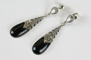 Pair of Silver Marcasite and Onyx Art Deco style Earrings