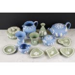 Collection of Wedgwood Jasperware, in pale blue & green, to include teapots, jug, sugar basin,