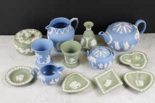 Collection of Wedgwood Jasperware, in pale blue & green, to include teapots, jug, sugar basin,