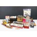 A box of mixed collectables to include coins, jewellery, military badges, knife, cigarette