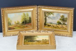 P C Hutchinson, a set of three landscape scenes, to include two scenes with haystacks and another