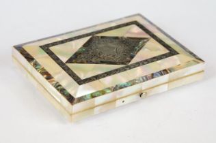 An antique fitted card case with mother of pearl and white metal inlayed decoration, measures approx