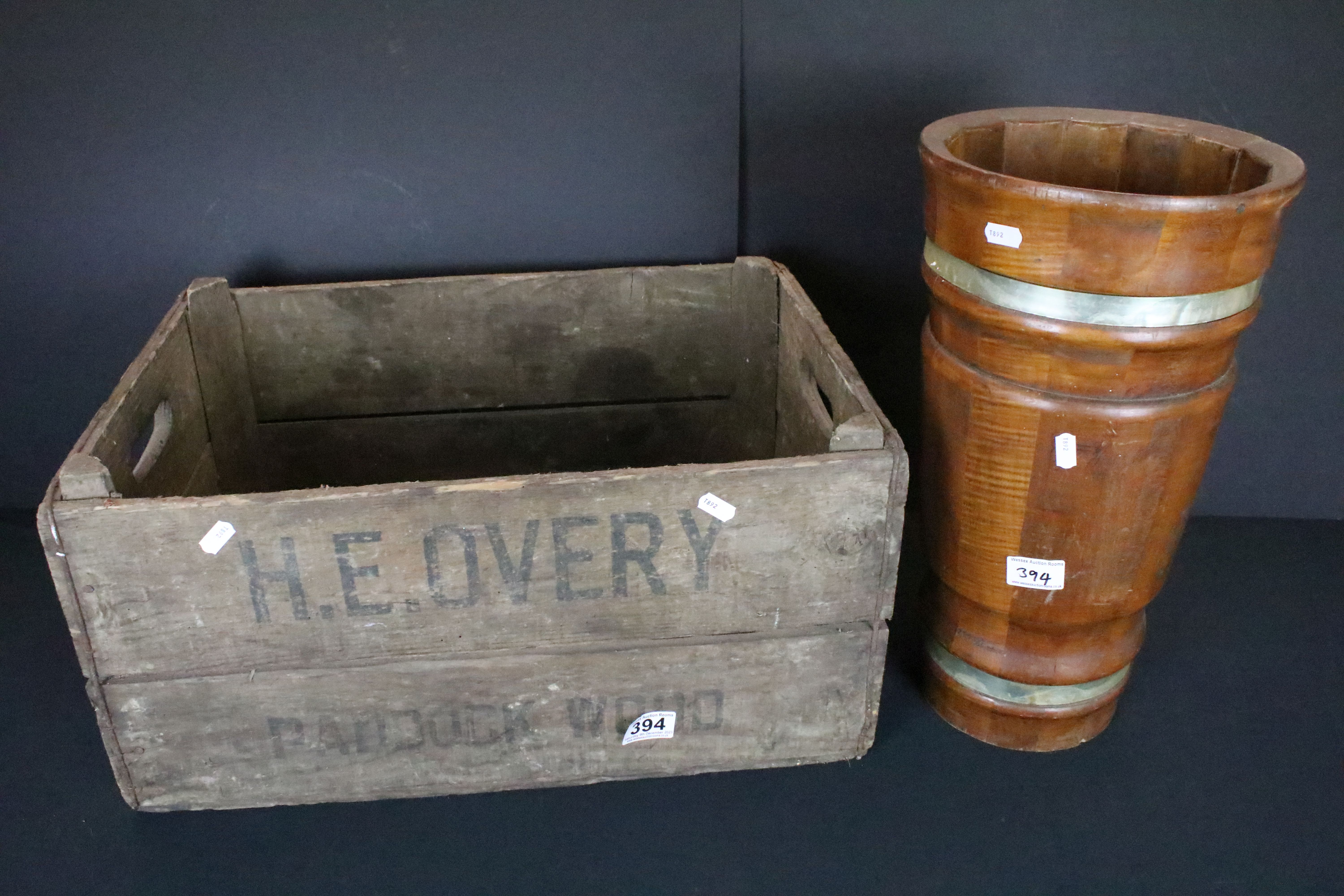 20th Century industrial advertising crate for H E Overy together with a brass bound wooden stick /