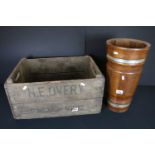 20th Century industrial advertising crate for H E Overy together with a brass bound wooden stick /